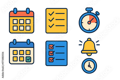 Time management and productivity symbols featuring calendar, checklist, stopwatch, and alarm bell