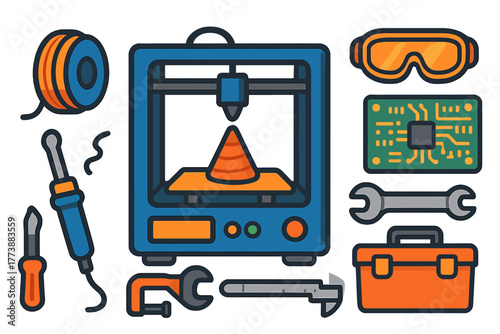 Set of icons representing 3D printing, electronics, engineering, and manufacturing tools