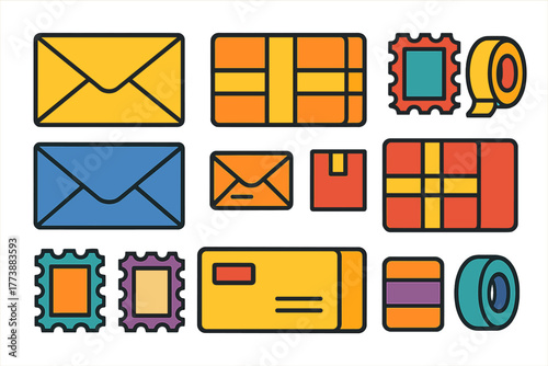 Vibrant set of postal and shipping elements: envelopes, packages, postage stamps, and packing tape rolls