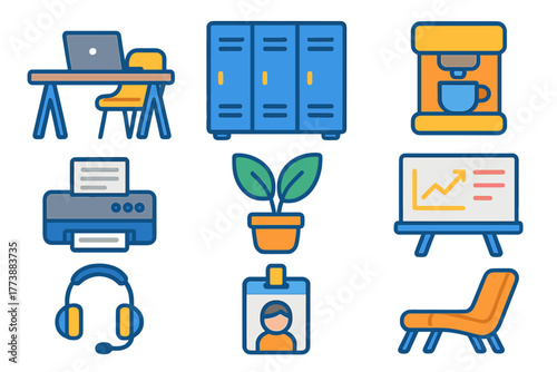 Essential office equipment and workplace items including desk, printer, coffee maker, and presentation board symbols