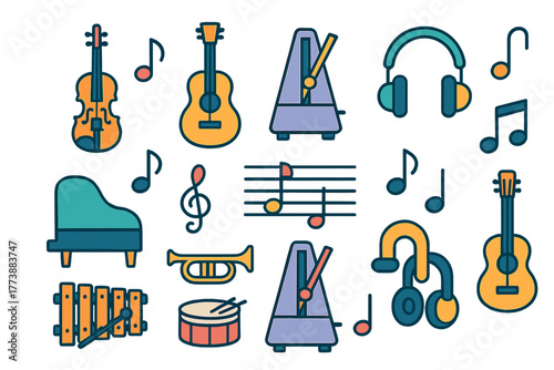 Colorful set of musical instruments and symbols representing sound and rhythm concepts