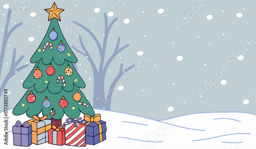 Festive Decorated Christmas Tree in Snowy Winter Landscape