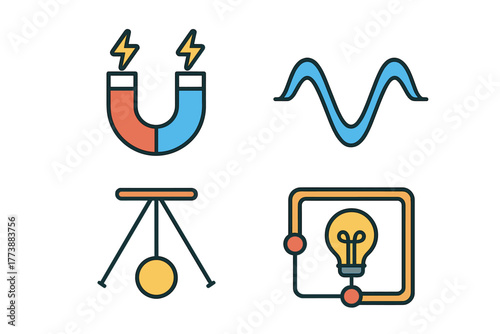 Physics and science concepts featuring magnetism, electrical current, wave frequency, and pendulum motion