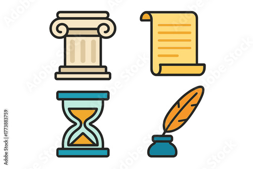 Classical column, ancient scroll, sand timer, and quill pen with inkwell