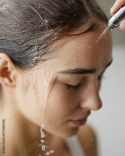 Close-up of a serene woman receiving a hydrotherapy scalp treatment, highlighting the refreshing and therapeutic benefits of water on her luminous skin.