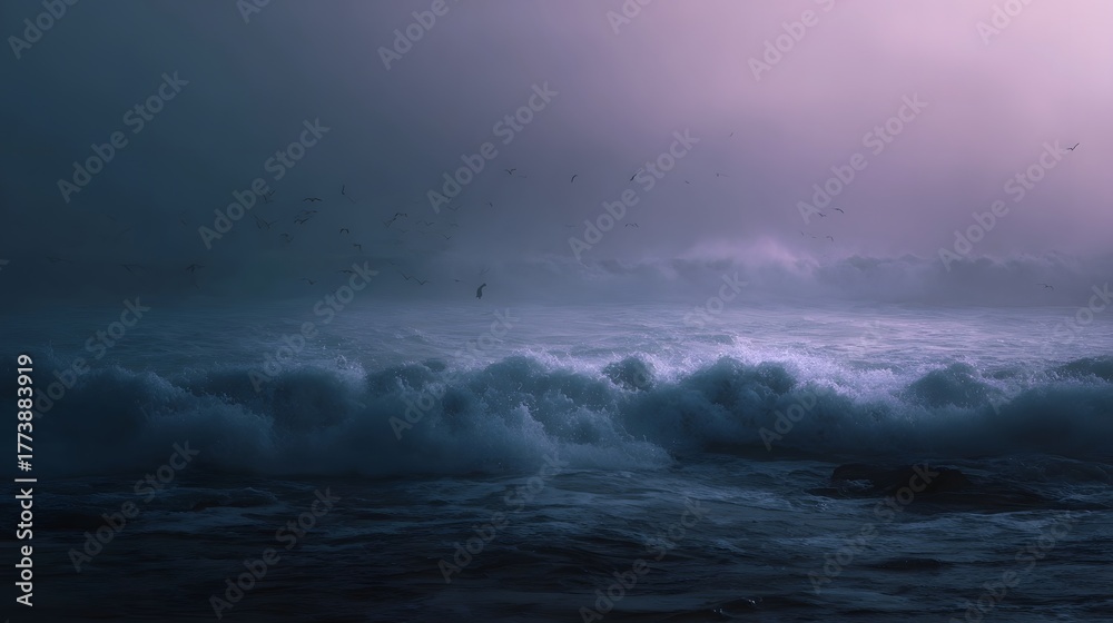 Naklejka premium Dramatic seascape with crashing ocean waves and a flock of seagulls flying through a foggy twilight sky