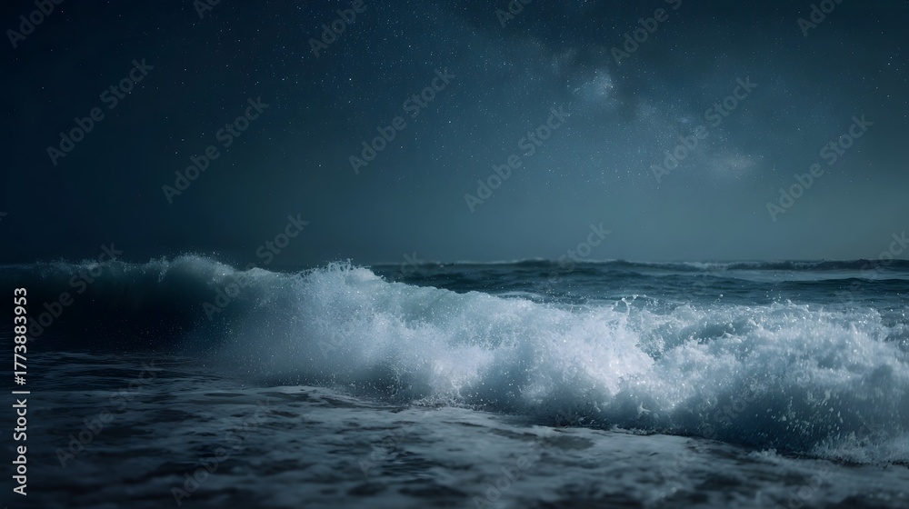 Naklejka premium A powerful ocean wave crashes on the shore under a vast starry night sky with the Milky Way visible above the dark sea