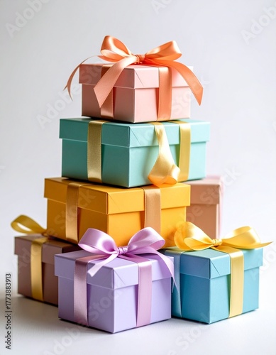 Isolated stack of brown shipping cartons on white, perfect for emphasizing packaging and clean product presentation. Stacking Present birthday box and brown box in white background and for industry