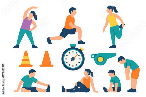 Diverse people performing warm up stretches and exercises with fitness accessories