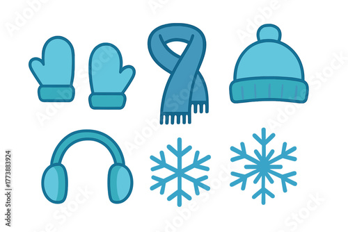 Flat design collection of blue winter accessories including hat scarf mittens and snowflakes