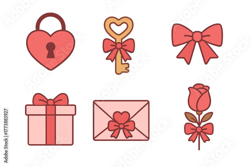 Collection of romantic symbols including heart padlock, key, gift box, envelope, bow, and rose