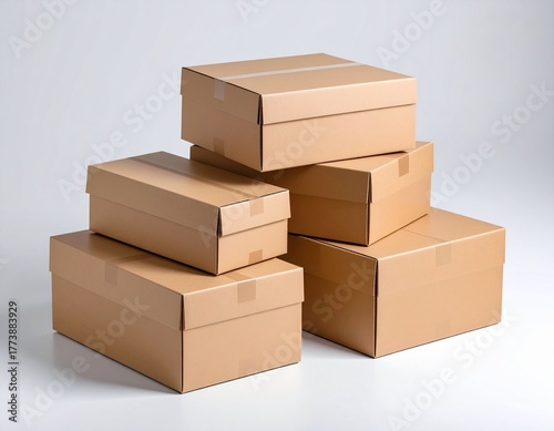Isolated stack of brown shipping cartons on white, perfect for emphasizing packaging and clean product presentation. Stacking Present birthday box and brown box in white background and for industry