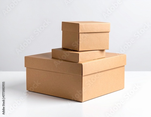 Isolated stack of brown shipping cartons on white, perfect for emphasizing packaging and clean product presentation. Stacking Present birthday box and brown box in white background and for industry