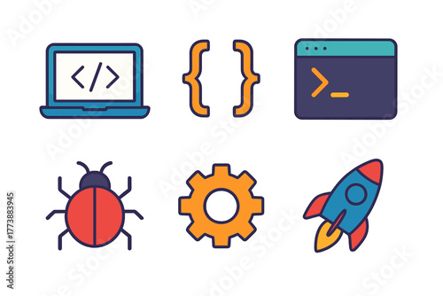 Colorful icons set for software development, coding, debugging, and startup launch