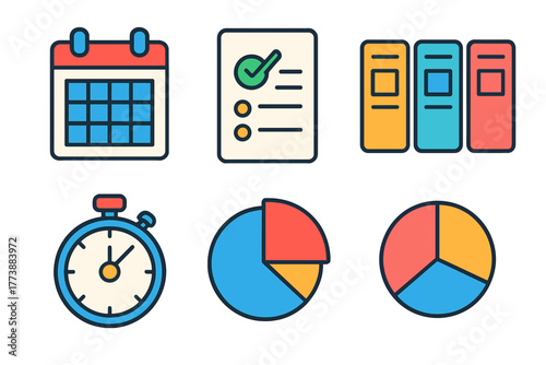 Essential business management planning symbols calendar checklist stopwatch data charts