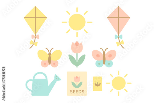 Pastel spring and gardening collection with kites, butterflies, suns, and seeds
