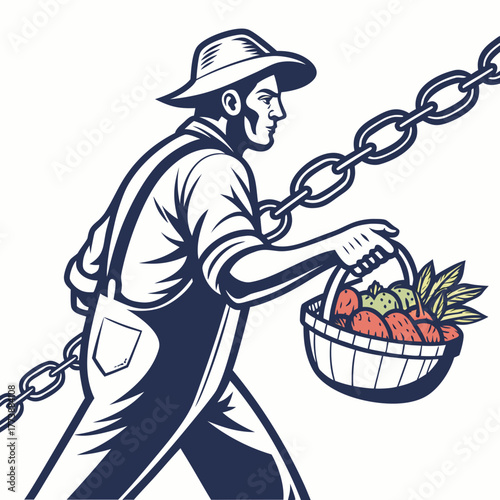 Farmer carrying basket of produce with heavy chain symbolizing hard work and agricultural labor