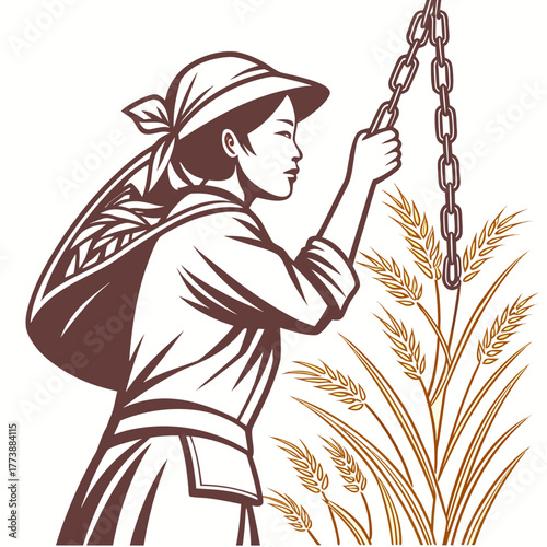 Farmer woman with a basket on her back and a chain in her hand in a wheat field