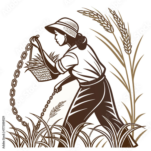 Woman farmer wearing hat harvesting rice in a field holding a basket with chain and wheat stalks