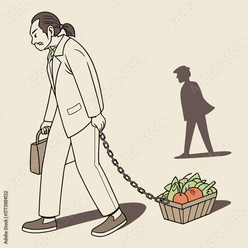 Businessman chained to a basket of groceries being led by a shadow figure representing societal expectations