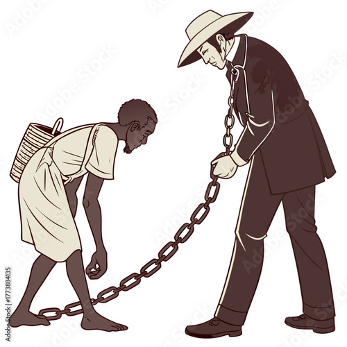 Man in suit and hat chains a person carrying a basket symbolizing oppression and historical injustice