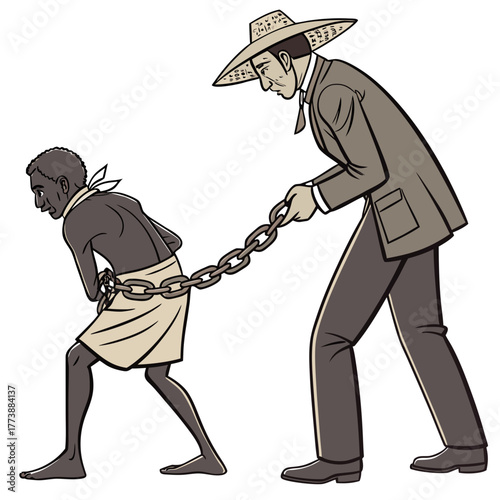 Man in suit and hat leading a person in chains with a heavy metal chain