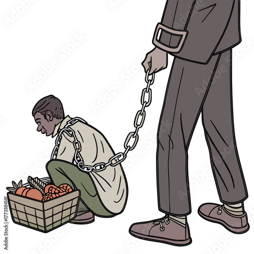 Man in chains forced to work picking fruit by another person holding the chain