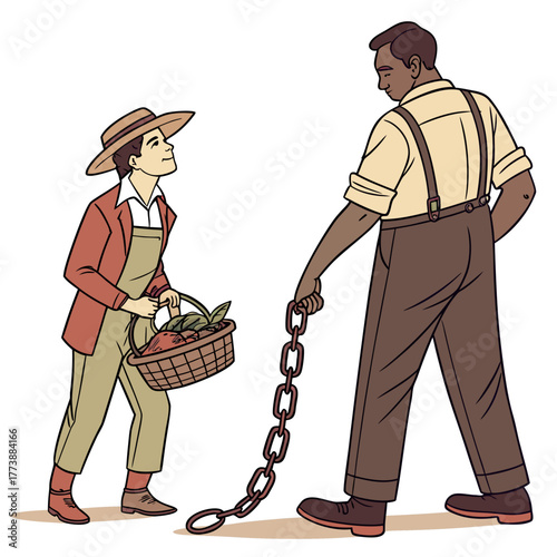 Young farmer with basket of produce looks up at man holding a heavy chain symbolizing burden or responsibility