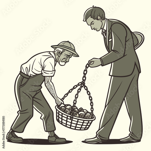 A businessman in a suit leads a farmer in overalls by a chain attached to a basket of produce