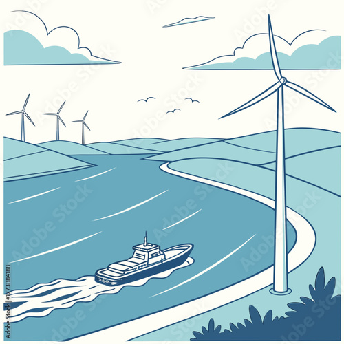 A scenic coastal landscape featuring wind turbines and a cargo ship sailing on the water