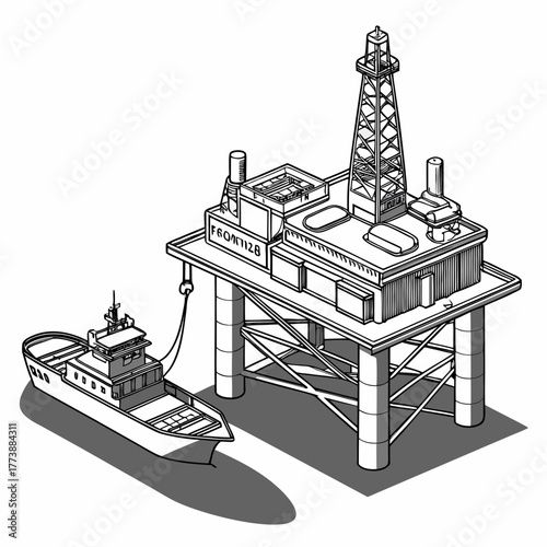 oil rig and ship isometric black and white clip art preview