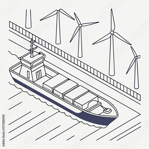 Cargo ship sailing on water near wind turbines and a fence representing renewable energy and transportation