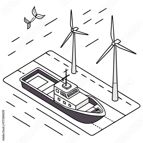 Modern electric boat sails near offshore wind turbines generating clean renewable energy in the ocean