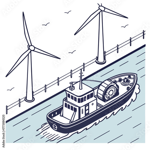 A boat sails on a canal past wind turbines and a fence under a sky with birds