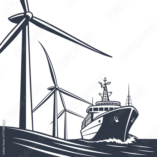 Modern cargo ship sails past offshore wind turbines generating clean renewable energy at sea