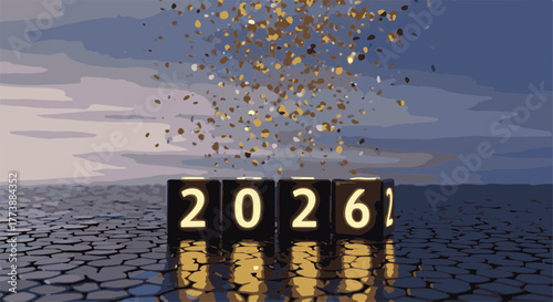 Ai futuristic office workspace with holographic screens black dice with glowing numbers 2026 falling from a shower of gold confetti against a dramatic sky and cracked ground, symbolizing future succes