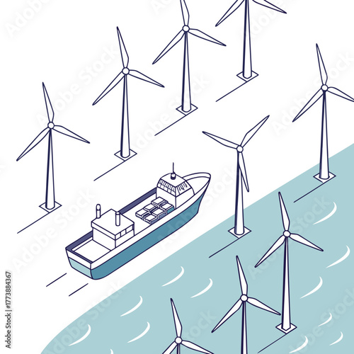 Cargo ship navigates through an offshore wind farm with turbines generating clean renewable energy