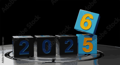 Ai futuristic office workspace with holographic screens a dynamic representation of the year change from 2025 to 2026 using stylized metallic cubes, with the number 6 cube precariously balanced atop t