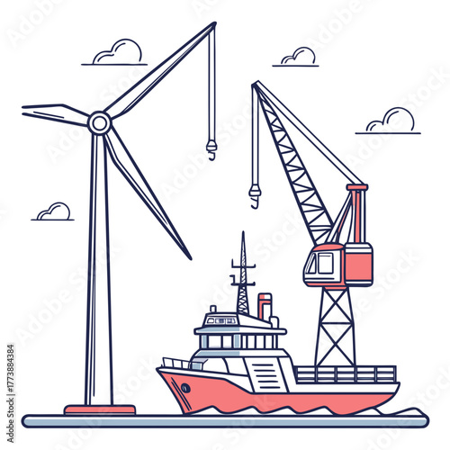 Modern industrial port scene with wind turbine cargo ship and construction cranes under a cloudy sky