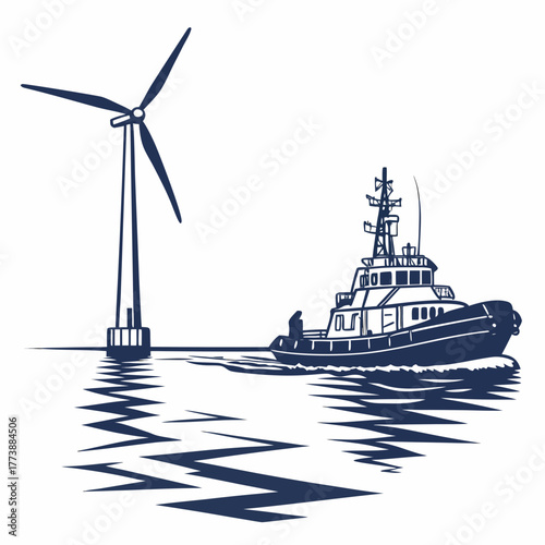 Tugboat navigates the ocean near a towering offshore wind turbine generating clean energy