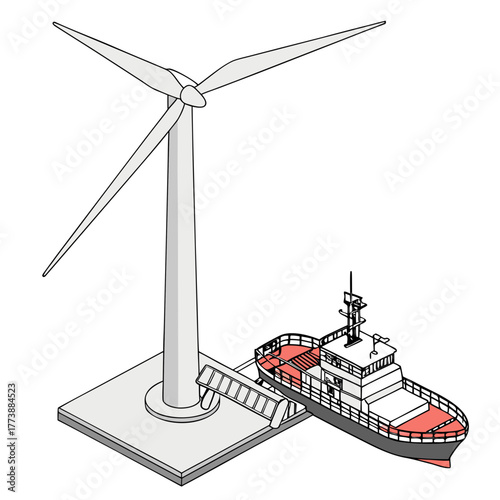 Illustration of a wind turbine connected to a ship via a gangway representing offshore energy and maritime transport