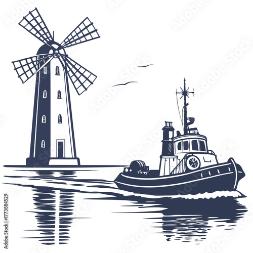 Tugboat sailing past a historic windmill on the water with seagulls flying overhead