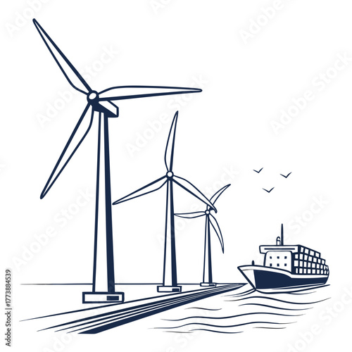 Modern offshore wind turbines generate clean energy beside a cargo ship sailing on the ocean