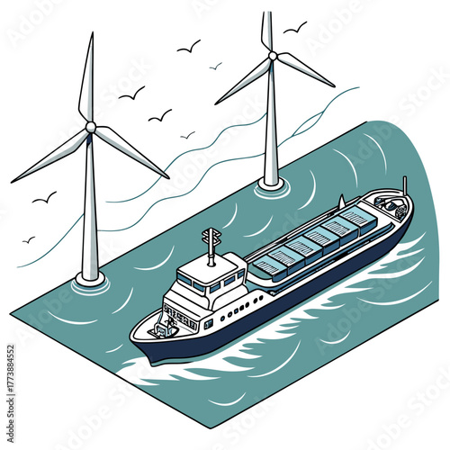 Modern cargo ship sails through ocean water past offshore wind turbines generating clean energy