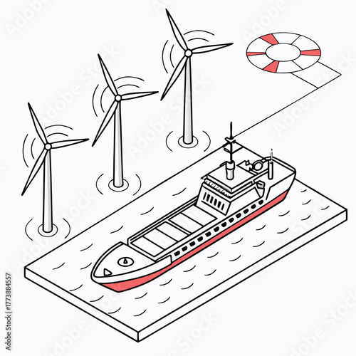 Offshore wind farm with a cargo ship and a lifebuoy in an isometric illustration style