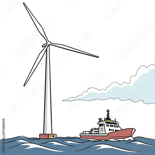 Offshore wind turbine stands tall in the ocean with a support vessel sailing nearby under a cloudy sky