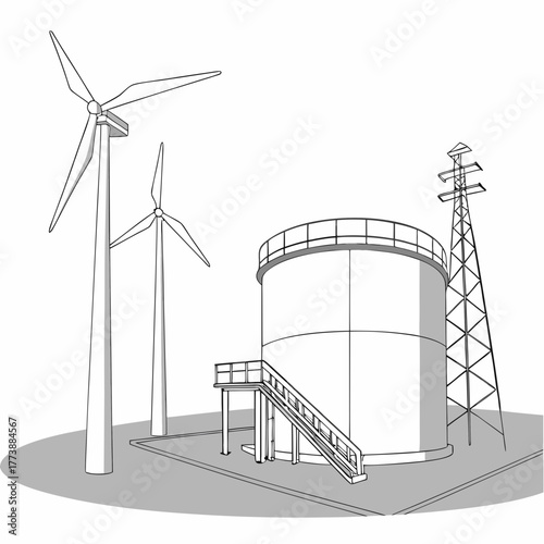 Modern industrial landscape featuring wind turbines a large storage tank and a power transmission tower