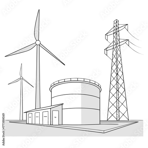 Wind turbines and a large storage tank with an electricity pylon in a clean energy industrial landscape