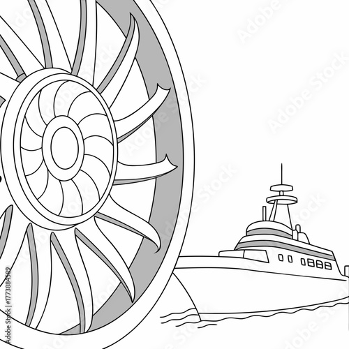Close up of a stylized turbine fan blade with a luxury yacht sailing on the water in the background