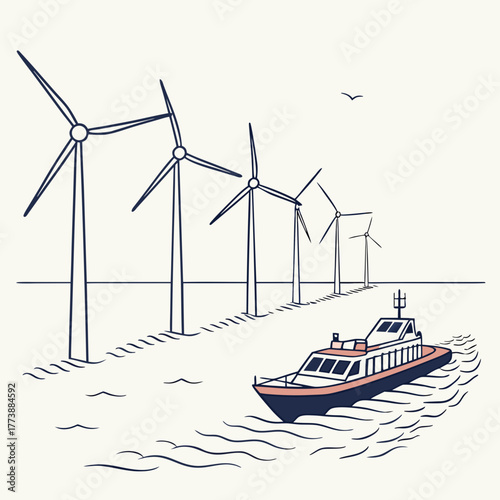 Offshore wind farm with a boat sailing on the water under a clear sky